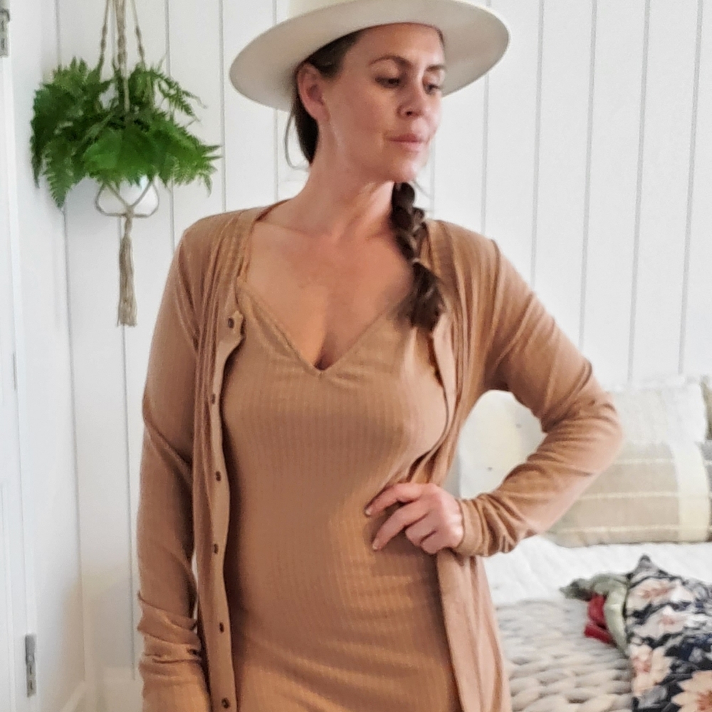 Two piece nude dress and cardigan